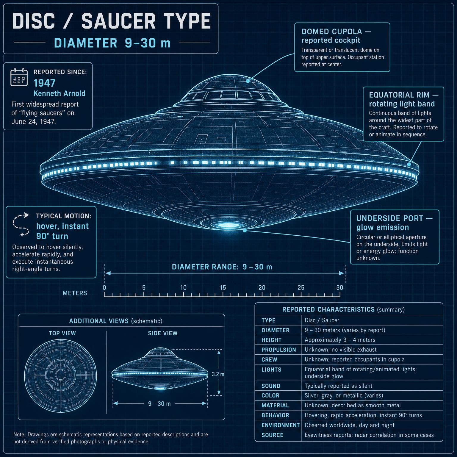 碟形（Saucer） UFO／UAP 形態圖解：外型比例與特徵標註
