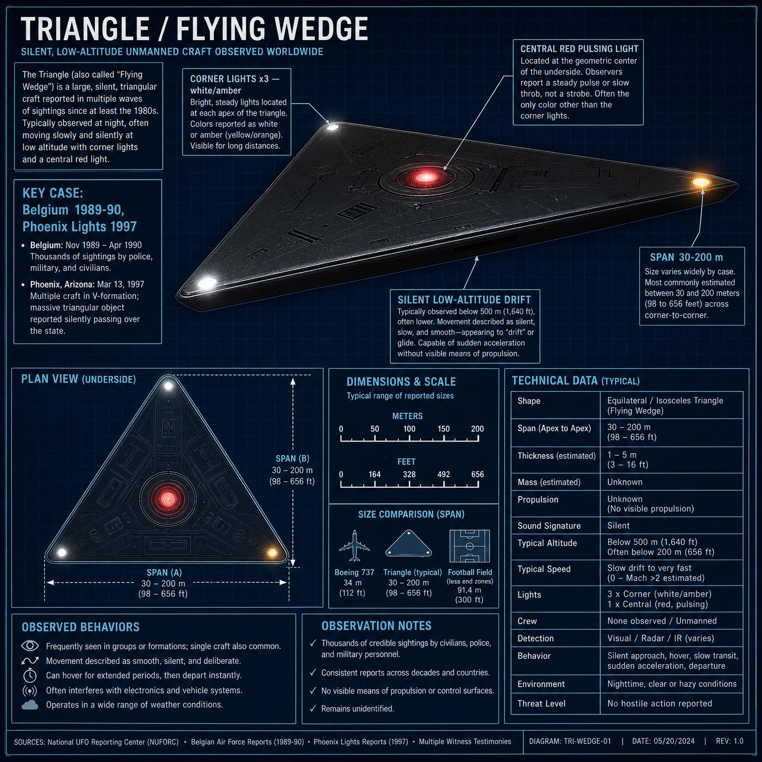 三角形（Triangle） UFO／UAP 形態圖解：外型比例與特徵標註