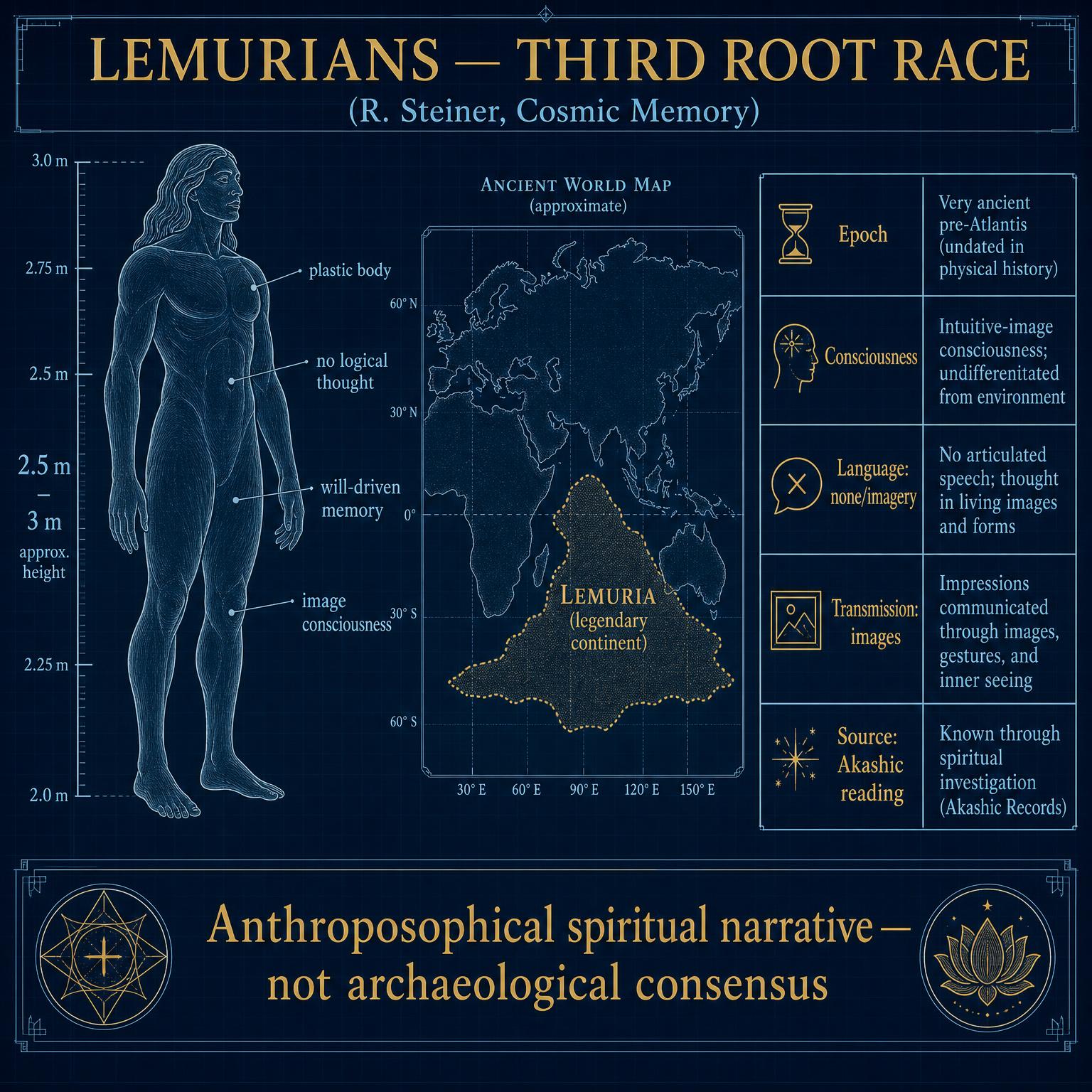 勒姆利亞人（Lemurians・第三根源種族） 教學圖解：時期、意識階段與特徵標註
