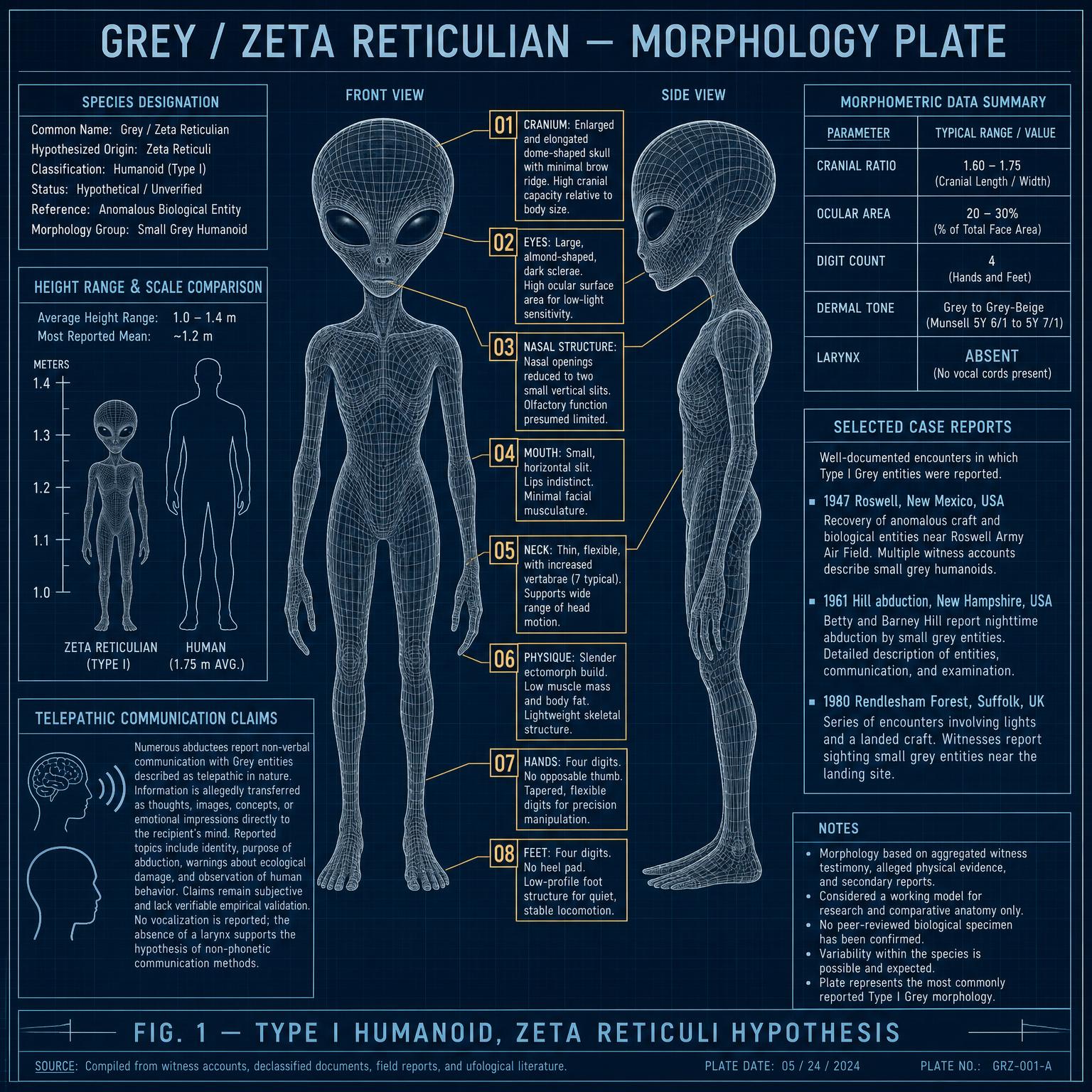 小灰人（Greys / Zeta Reticulians）教學圖解：外型比例與特徵標註