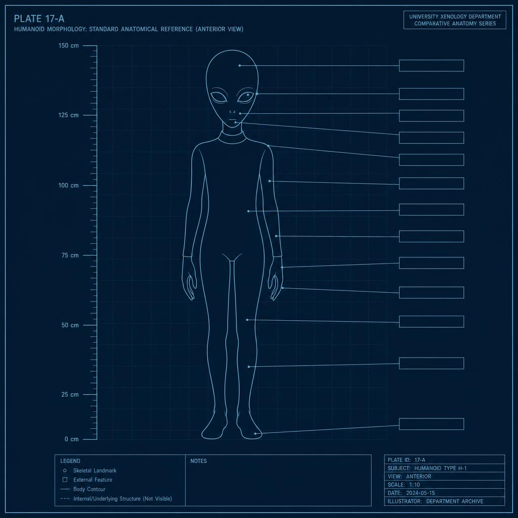 小灰人(Greys / Zeta Reticulians)教學圖解:外型比例與特徵標註